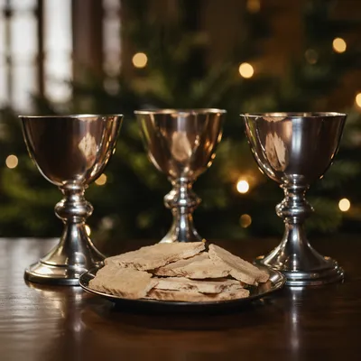 Evergreen Communion Bread and Silver Chalices