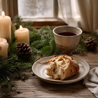 Evergreen Communion Bread and Wine Still Life