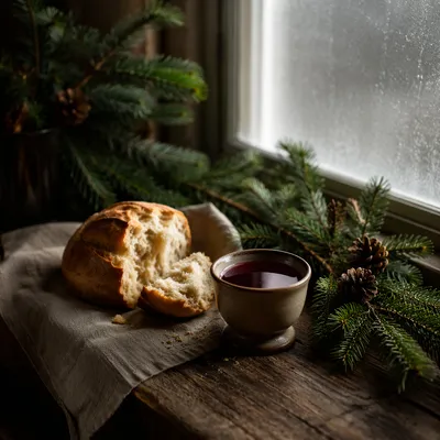 Evergreen Communion Bread and Wine Still Life