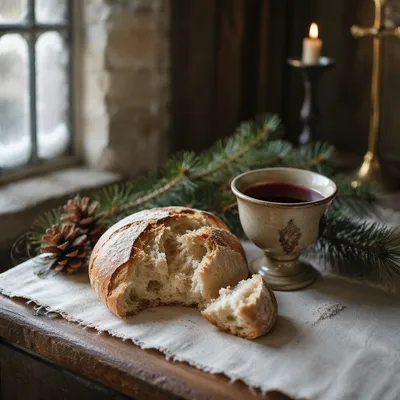 Evergreen Communion Bread and Wine Still Life