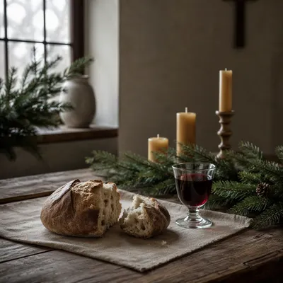 Evergreen Communion Bread and Wine Still Life