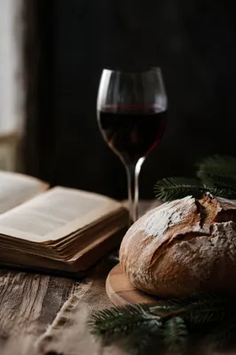 Evergreen Communion Bread and Wine Still Life
