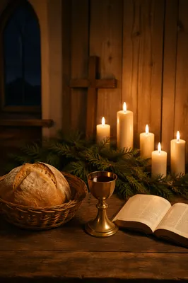 Candlelit Communion Bread and Wine Still Life