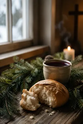 Evergreen Communion Bread and Wine Still Life