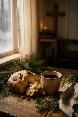 Evergreen Communion Bread and Wine Still Life