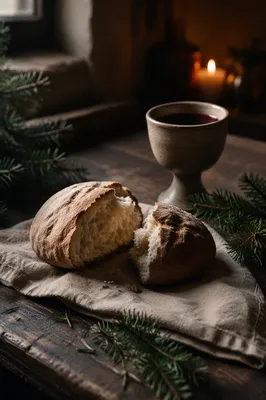 Evergreen Communion Bread and Wine Still Life
