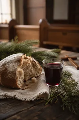 Evergreen Communion Bread and Wine Still Life