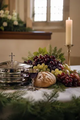Evergreen Communion Table with Bread and Wine