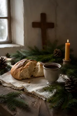 Evergreen Communion Bread and Wine Still Life