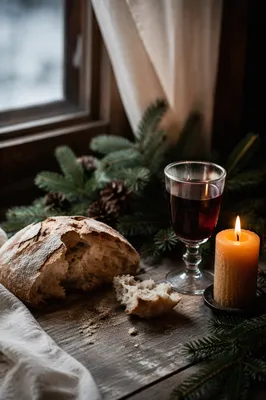 Evergreen Communion Bread and Wine Still Life