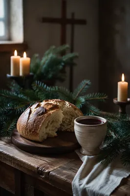 Evergreen Communion Bread and Wine Still Life