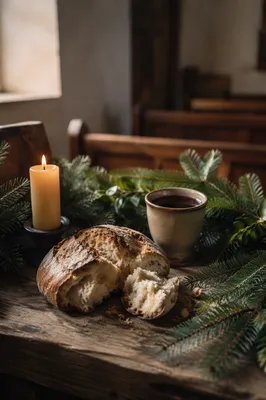 Evergreen Communion Bread and Wine Still Life