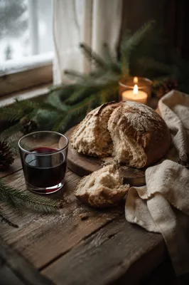 Evergreen Communion Bread and Wine Still Life