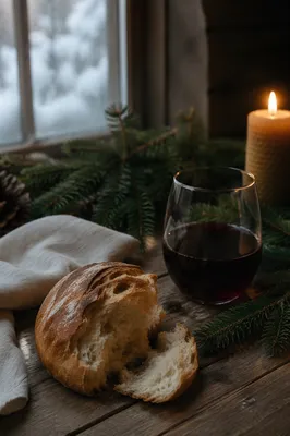 Evergreen Communion Bread and Wine Still Life