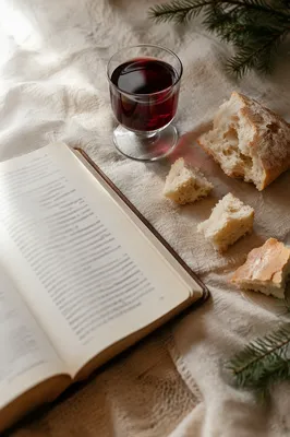 Evergreen Communion Bread and Wine Still Life