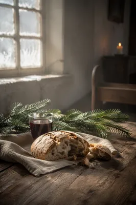 Evergreen Communion Bread and Wine Still Life