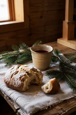 Rustic Communion Bread and Wine Still Life