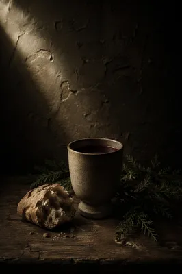 Evergreen Communion Bread and Wine Still Life