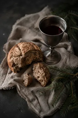 Rustic Communion Bread and Wine with Evergreen