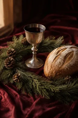 Evergreen Communion Bread and Wine Still Life