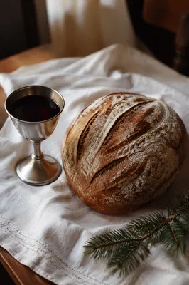 Evergreen Communion Bread and Wine Still Life