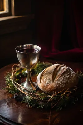 Evergreen Communion Bread and Wine Still Life