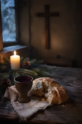 Evergreen Communion Bread and Wine Still Life