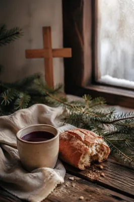 Evergreen Communion Bread and Wine Still Life