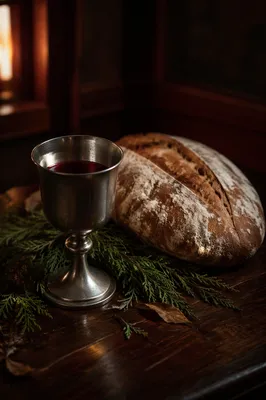 Evergreen Communion Bread and Wine Still Life