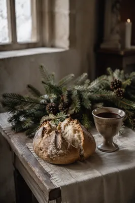 Evergreen Communion Bread and Wine Still Life