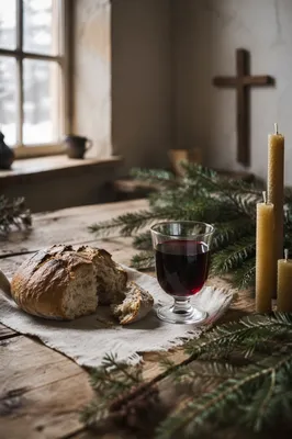 Communion Bread and Wine with Evergreen