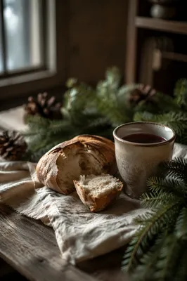 Evergreen Communion Bread and Wine Still Life