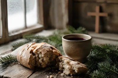 Evergreen Communion Bread and Wine Still Life