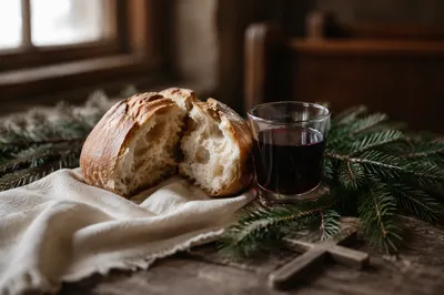Evergreen Communion Bread and Wine Still Life