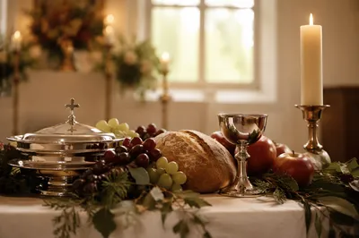 Evergreen Communion Still Life with Bread and Wine