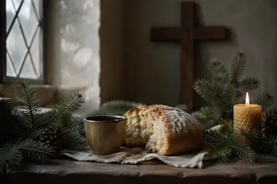 Evergreen Communion Bread and Wine Still Life