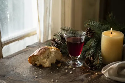 Evergreen Communion Bread and Wine Still Life