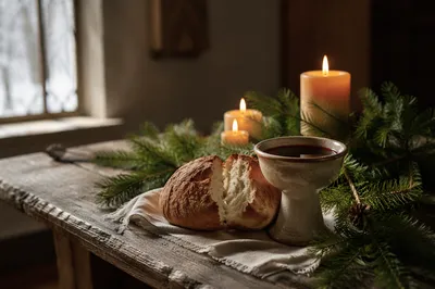 Evergreen Communion Bread and Wine Still Life