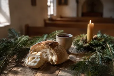 Evergreen Communion Bread and Wine Still Life