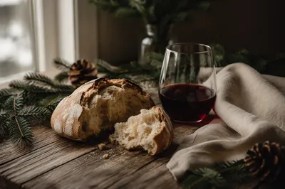 Evergreen Communion Bread and Wine Still Life