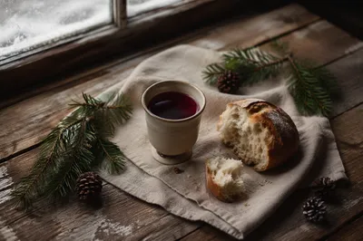 Evergreen Communion Bread and Wine Still Life