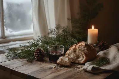Evergreen Communion Bread and Wine Still Life