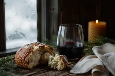 Evergreen Communion Bread and Wine Still Life