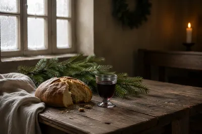 Evergreen Communion Bread and Wine Still Life