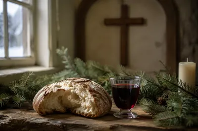 Evergreen Communion Bread and Wine Still Life