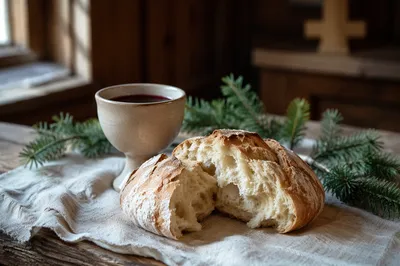 Evergreen Communion Bread and Wine Still Life