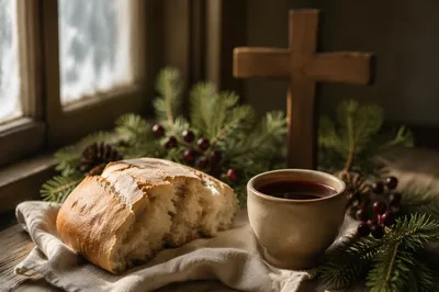 Evergreen Communion Bread and Wine Still Life