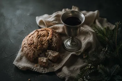 Rustic Communion Bread and Wine Still Life