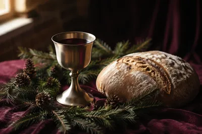 Evergreen Communion Bread and Wine Still Life