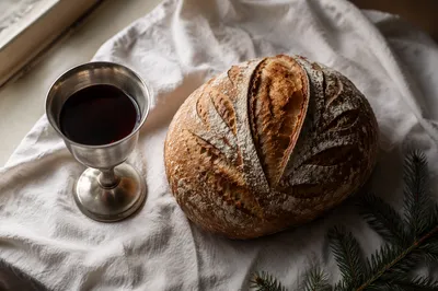 Evergreen Communion Bread and Wine Still Life